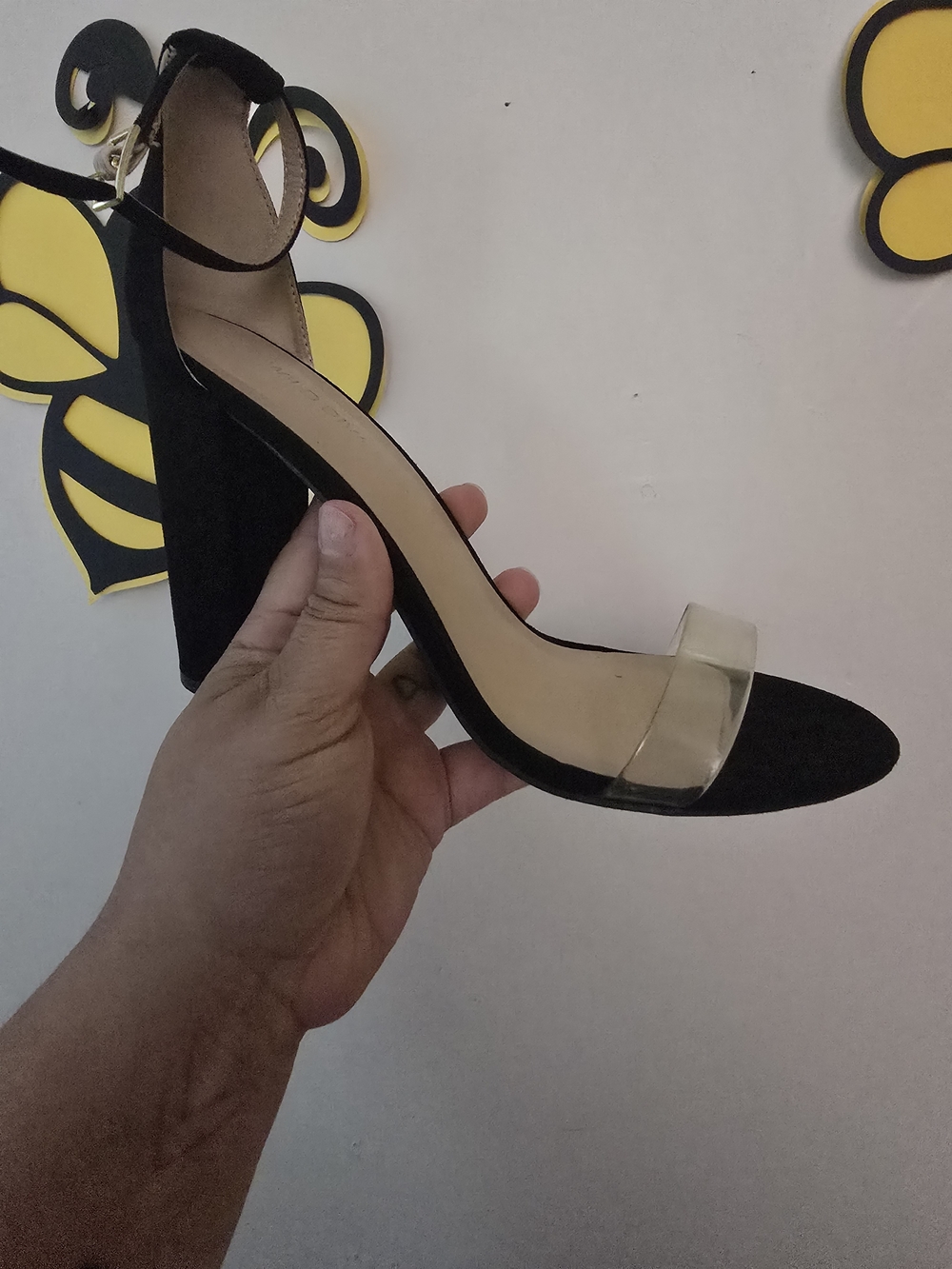 Wild Diva Black Block Heel Sandal with Clear Toe Strap
